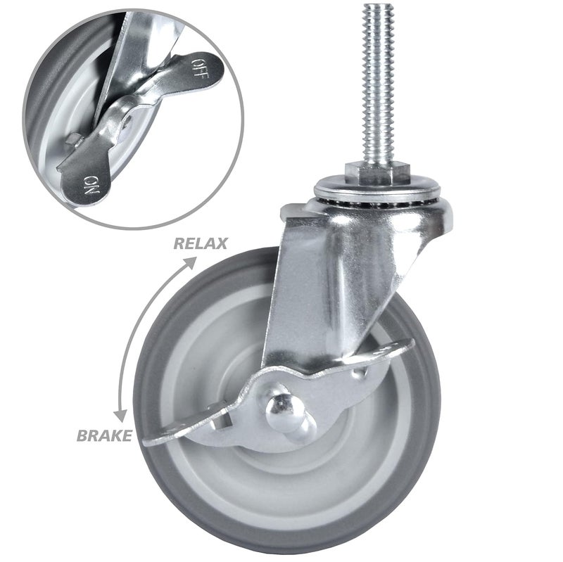 Finnhomy Caster Wheels 3 Inch Set of 4 Heavy Duty Threaded Stem Casters 5/16"-18x1-1/2 Swivel Rubber Industrial Castors Locking Wheels for Wire Shelving/Furniture/Carts Load Bearing 720 Lbs Gray - Image 3